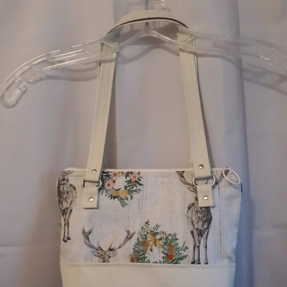 New Woodland Deer Double handle Satchel Purse Shoulder Bag Ivory Brown Western - Picture 7 of 11